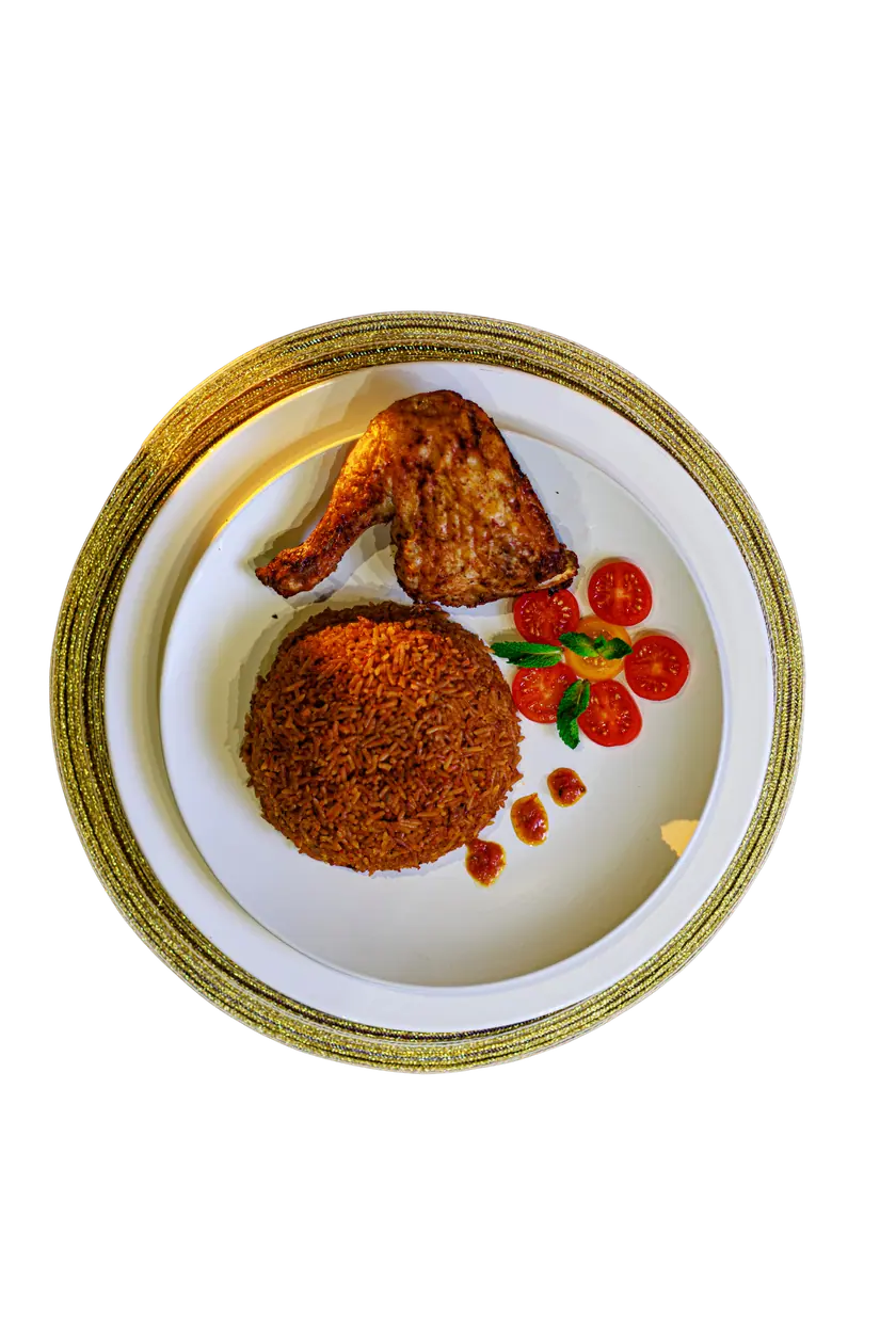 Backyard Jollof Rice Meal, photographed from above